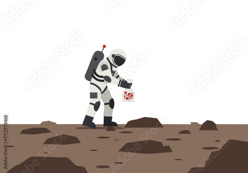 Astronaut collects soil samples on Mars. A lone figure in a spacesuit gathers a bag of red material on a rocky, barren landscape.  Clean, modern illustration.