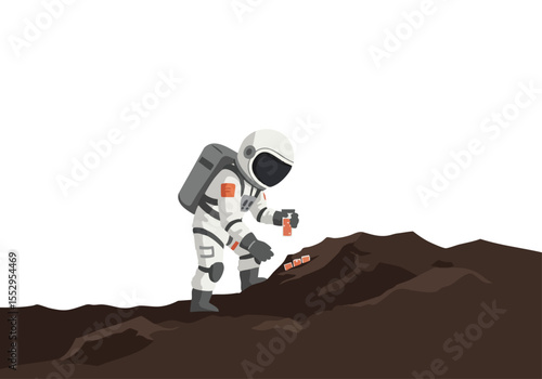 Astronaut collects a soil sample on a barren planet. A rugged sample container is prominently displayed. Clean, modern illustration style.