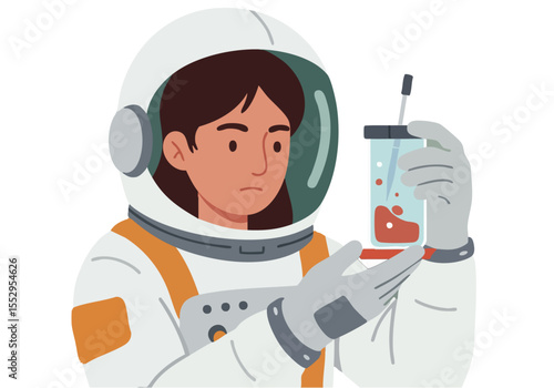 Astronaut examines a sample in space. Focused expression, detailed spacesuit, sterile environment. Scientific research, exploration, future.