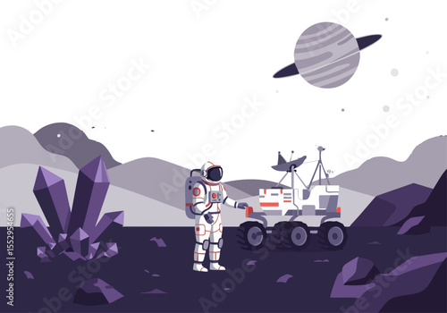 Astronaut explores a lunar landscape with a rover. A stylized, modern illustration evokes space exploration and discovery. Perfect for tech, science, and adventure themes.