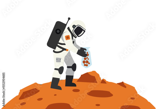 Astronaut explores a Martian landscape, collecting a sample. Bold, graphic style. Perfect for space, science, and exploration themes.