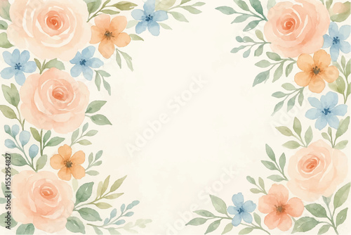 Vintage floral background with romantic pink roses, elegant frame, and decorative hearts for a wedding or Valentine's Day card design