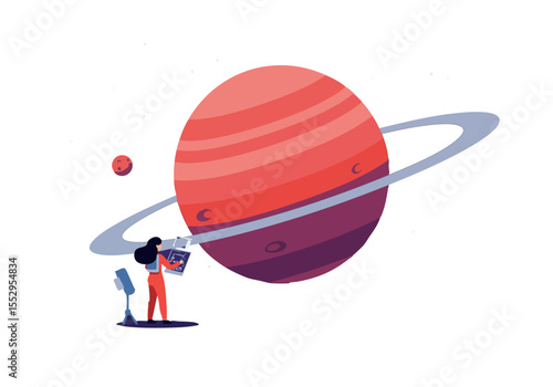 A female astronaut meticulously adjusts a control panel orbiting a vibrant Saturn, showcasing a detailed space exploration scene. Modern, stylized illustration.