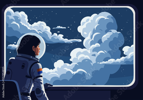 An astronaut gazes out a window at swirling clouds under a starry sky. A serene, stylized illustration evokes wonder and exploration. Perfect for space, travel, and nature themes.