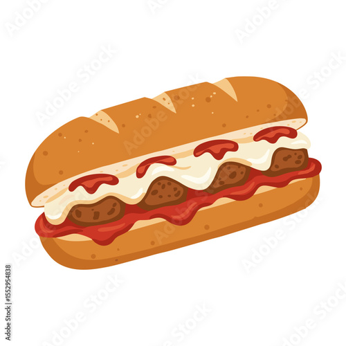 Meatball sub sandwich with marinara sauce. Warm red and brown palette.