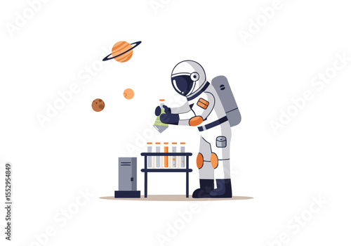 An astronaut meticulously analyzes samples in a lab, surrounded by planets and equipment. A clean, modern illustration perfect for science and technology themes.