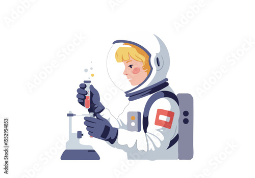 An astronaut meticulously collects a sample in a lab, showcasing scientific exploration and precision. Clean, modern design with a bright background.