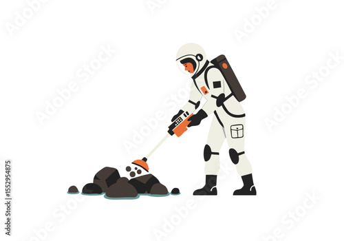 An astronaut meticulously collects samples on a rocky lunar surface using a specialized tool. Clean, modern illustration style.