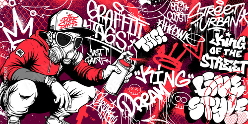 Graffiti background vector with throw-up, tagging hand-drawn, spray paint effect, drips style. Illustration Street art graffiti urban theme for prints, banners, and wall art.