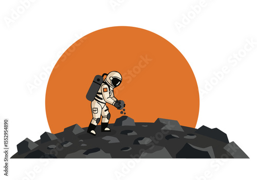 An astronaut meticulously collects soil samples on a barren planet, creating a striking, minimalist illustration. Bold orange and gray tones evoke a sense of exploration and discovery.