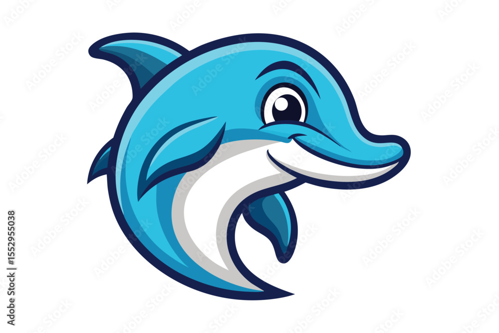 Fototapeta premium Smiling cartoon dolphin with blue shades and a white belly stands out beautifully
