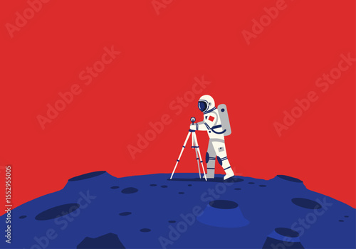 An astronaut surveys a lunar landscape with a surveying tripod. Bold, graphic style. Perfect for space, exploration, and technology themes.