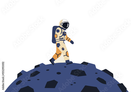 astronaut takes solitary rocky walk on a desolate moonscape A minimalist graphic illustration evokes a sense of exploration and quiet contemplation Clean lines and muted tones 