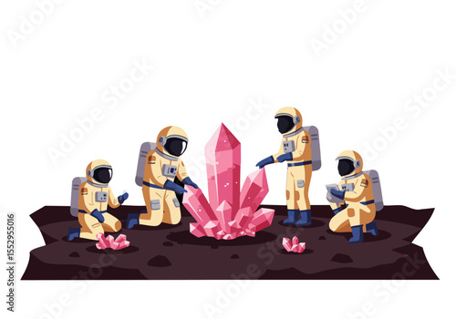 Astronauts explore a lunar landscape, carefully examining a vibrant pink crystal formation. A visually striking and detailed illustration perfect for science, space, or fantasy themes.