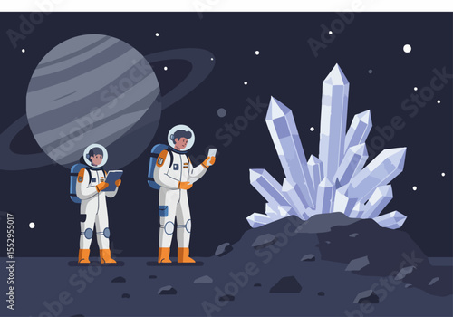 Astronauts examine glowing crystals on a lunar surface. A modern, stylized illustration evokes space exploration and scientific discovery.  Dramatic, cool tones.