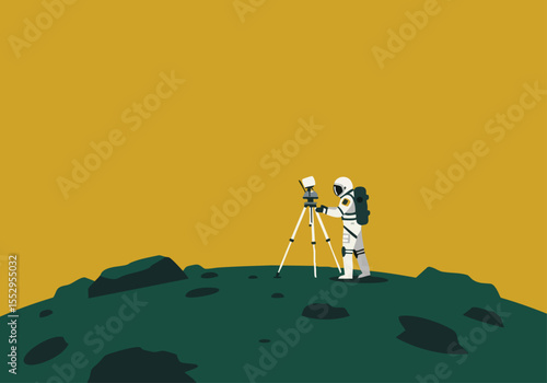 Astronaut surveys a lunar landscape with a surveying instrument. A minimalist, modern illustration with a warm color palette. Perfect for space, exploration, and technology themes.