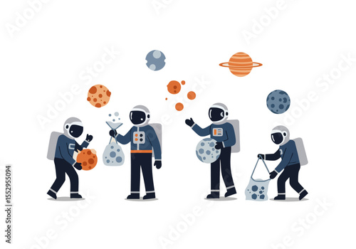 Diverse astronauts gather celestial objects, creating a playful, modern illustration. Bold colors and a minimalist style make this image ideal for creative projects.