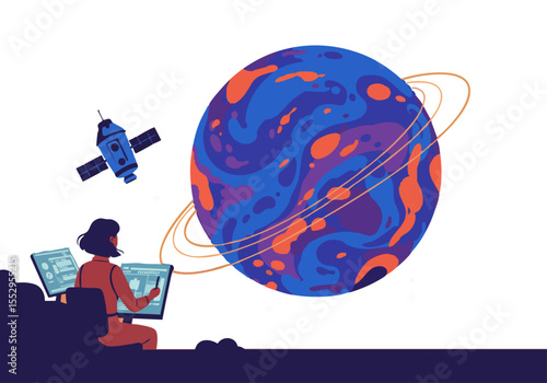 A female professional monitors a satellite orbiting a vibrant planet. She works at a console, overseeing space operations. Modern, stylized illustration.