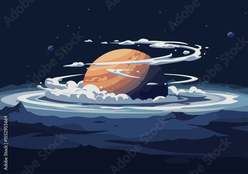 vibrant illustration of Saturn with swirling clouds and rings set against a dark space backdrop A stylized layered design evokes a sense of wonder and cosmic beauty 