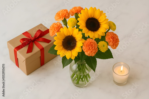 Birthday bouquet with sunflowers and carnations on a marble table, beside a wrapped gift box and lit candle.