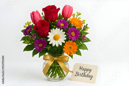 Elegant birthday bouquet in a glass vase, with gold ribbon and 'Happy Birthday' tag, placed on a clean white background.