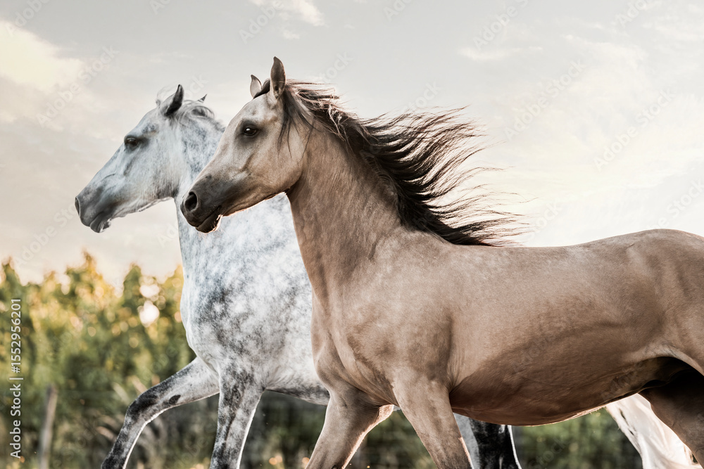 Obraz premium horse in the field running and being happy banner header copy space