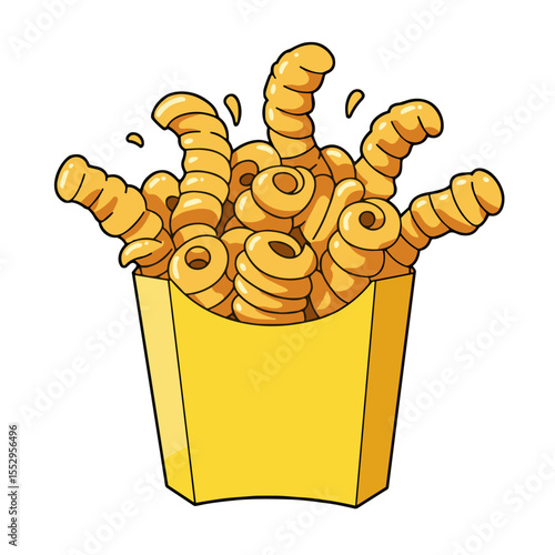 Curly fries in a yellow paper cup with spiral shapes
