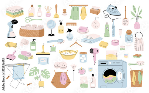 Mega set of laundry items. Pack of objects and cosmetics for the bathroom. Doodle collection, Isolated flat illustrations for home chores, cleaning, and domestic life concepts.