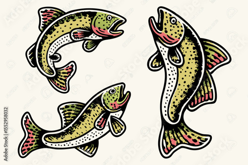 Hand-drawn vector illustration set of rainbow trout in various dynamic poses. Perfect for fishing graphics, apparel, t-shirt designs, stickers, and outdoor-themed