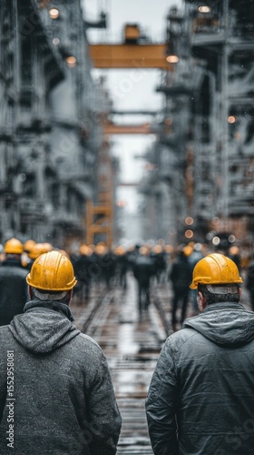 Workers in construction site wearing safety helmets in urban setting during cloudy day