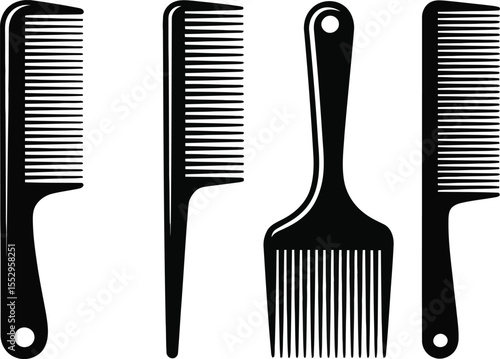 Set of four black hair combs in silhouette on a white background