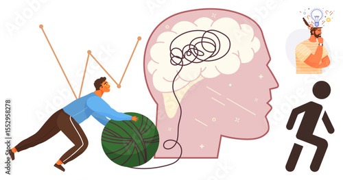 Man pushes tangled yarn toward illustrated brain, untangling confusion into clarity. Ideal for problem-solving, mental health, focus, productivity, creativity, self-growth knowledge. Simple flat