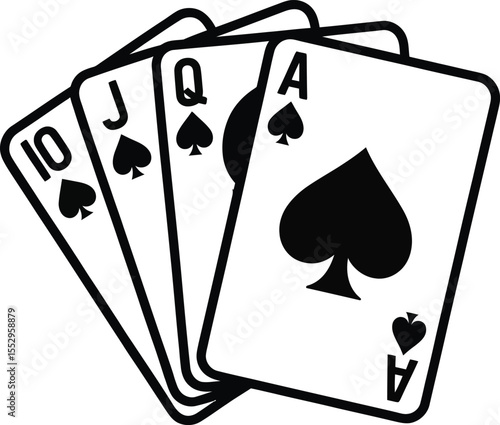 A royal flush of spades poker hand in a minimalist silhouette style