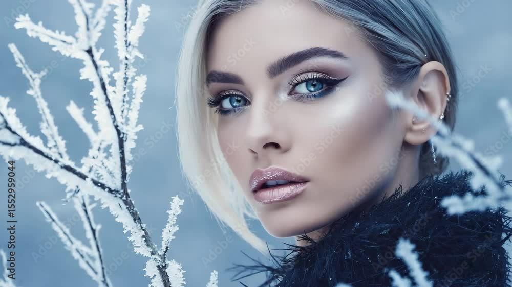 A stunning woman portrait in a cold, frosty environment, with a touch of winter enchantment, adorned with icy branches A stunning woman portrait in a cold, frosty environment, with a touch of winter enchantment, adorned with icy branches