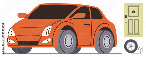 Orange car missing a wheel alongside a secure door with an electronic keypad lock and keyhole. Ideal for security, technology, mobility, car maintenance, safety, repair, simple flat metaphor