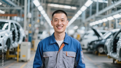 An Asian middle-aged worker in an automobile factory smiles