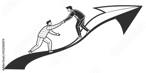 Two merging 3D arrows in black and white. Abstract partnership, revival, or alliance vector design.
