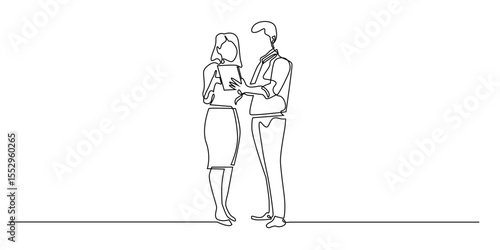 one continuous line of man and woman discussing business project.vector line art of asian man and woman cooperation in business
