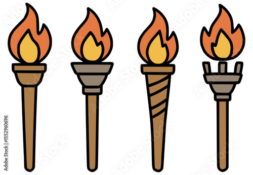 medieval torches fire flame set flat color vector illustration template design