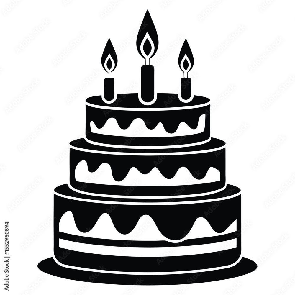 Black and white illustration of a tiered birthday cake with lit candles on top Black and white illustration of a tiered birthday cake with lit candles on top