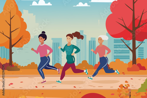 Diverse women jog in a city park, embracing an active, healthy lifestyle vector illustration