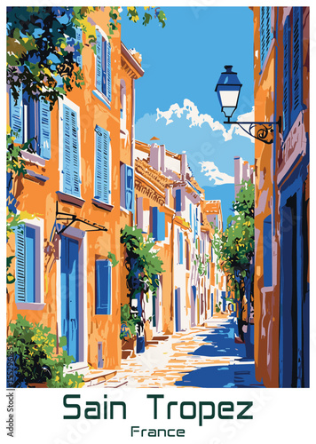 Saint Tropez Vector Illustration. Traditional French Townscape