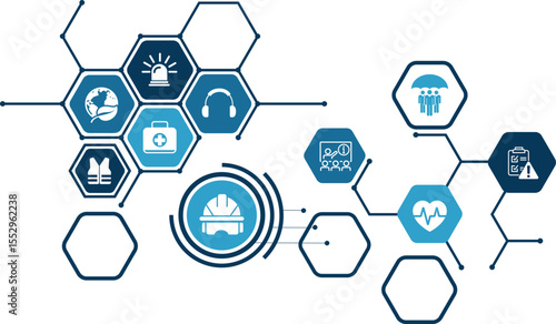 Health Safety and Environment Icon Set and Web Header Banner. icons related to industrial accident prevention, workplace safety training, industrial regulations, hazard warning, protective equipment.