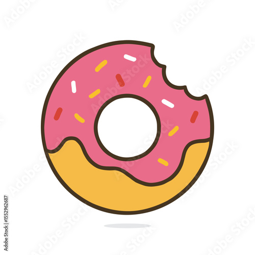 A vector graphic of a pink frosted donut with a bite taken out.