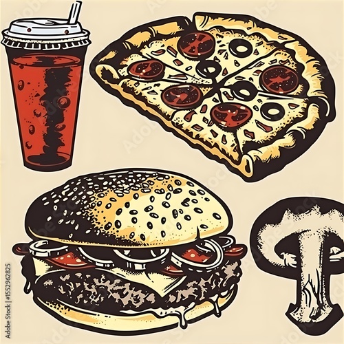 Delicious fast food illustration showcasing pizza, burger, drink, and mushroom clip art