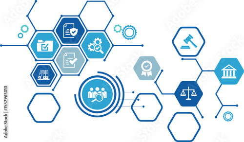 compliance icon concept: corporate mission or compliance policy or ethical management values connected icons.