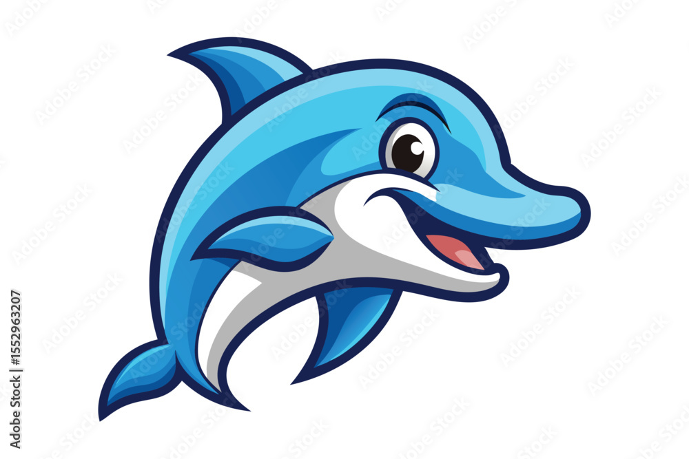 Fototapeta premium Cheerful blue cartoon dolphin smiles brightly showing its open mouth on the white background