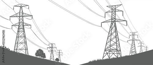 Power line tower, transmission tower with white isolate background, High voltage post or High voltage tower. Vector Illustration Png Background Template.