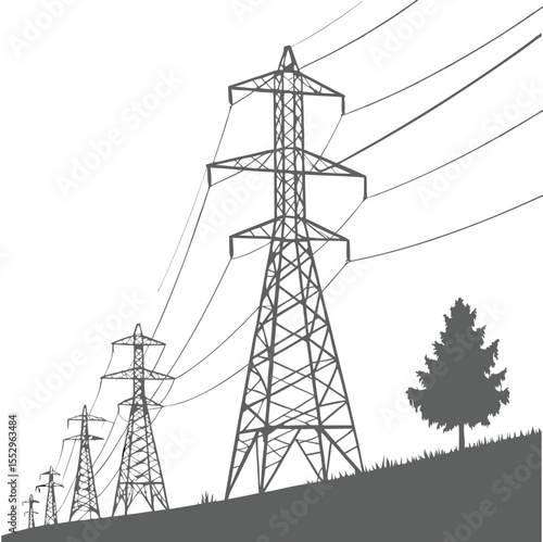 Power line tower, transmission tower with white isolate background, High voltage post or High voltage tower. Vector Illustration Png Background Template.