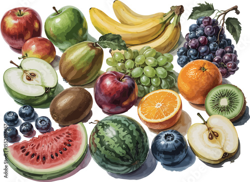 A bountiful collection of fresh fruits is beautifully displayed in this realistic illustration.